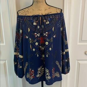 Blue Relaxed Blouse with Flutter Sleeves and Tie Front